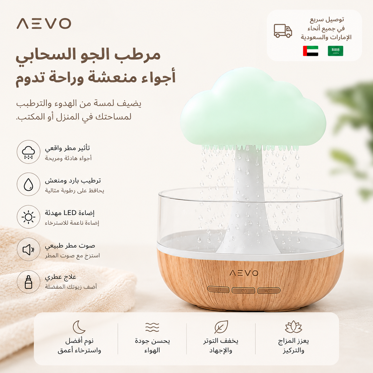 Rain Cloud Humidifier – موزع روائح ومصباح ليلي LED
