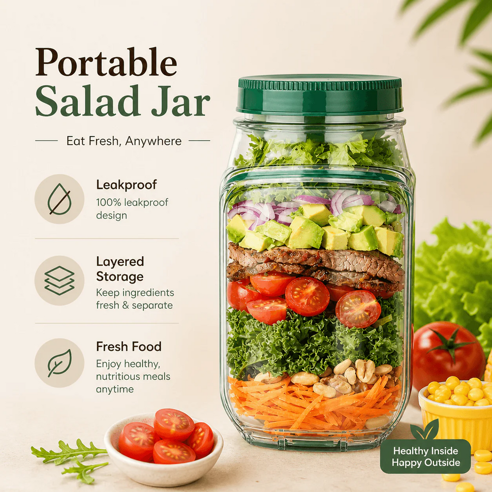 Layered salad in a portable salad jar with lettuce, tomatoes, cucumber and olives for meal prep