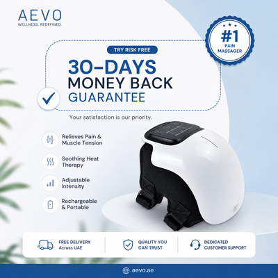 Wireless knee pain relief massager featuring heat therapy, vibration massage, improved blood circulation, reduced swelling, and faster recovery.