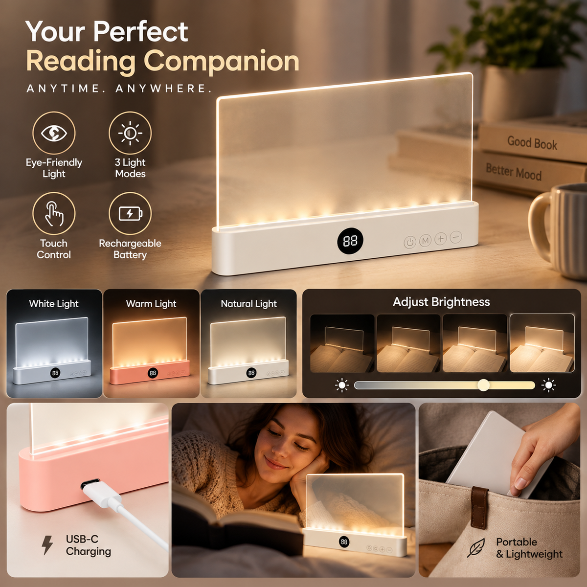 Rechargeable LED reading book light with 3 light modes and adjustable brightness